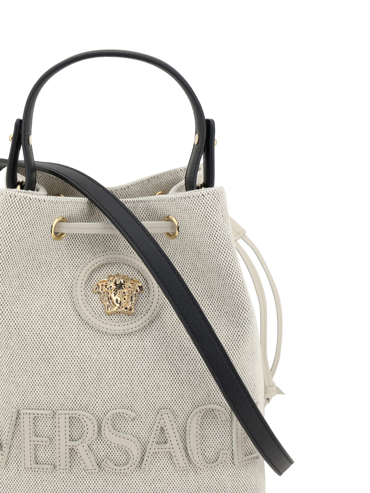 Versace Medusa-plaque Drawstring Bucket Bag In Nude