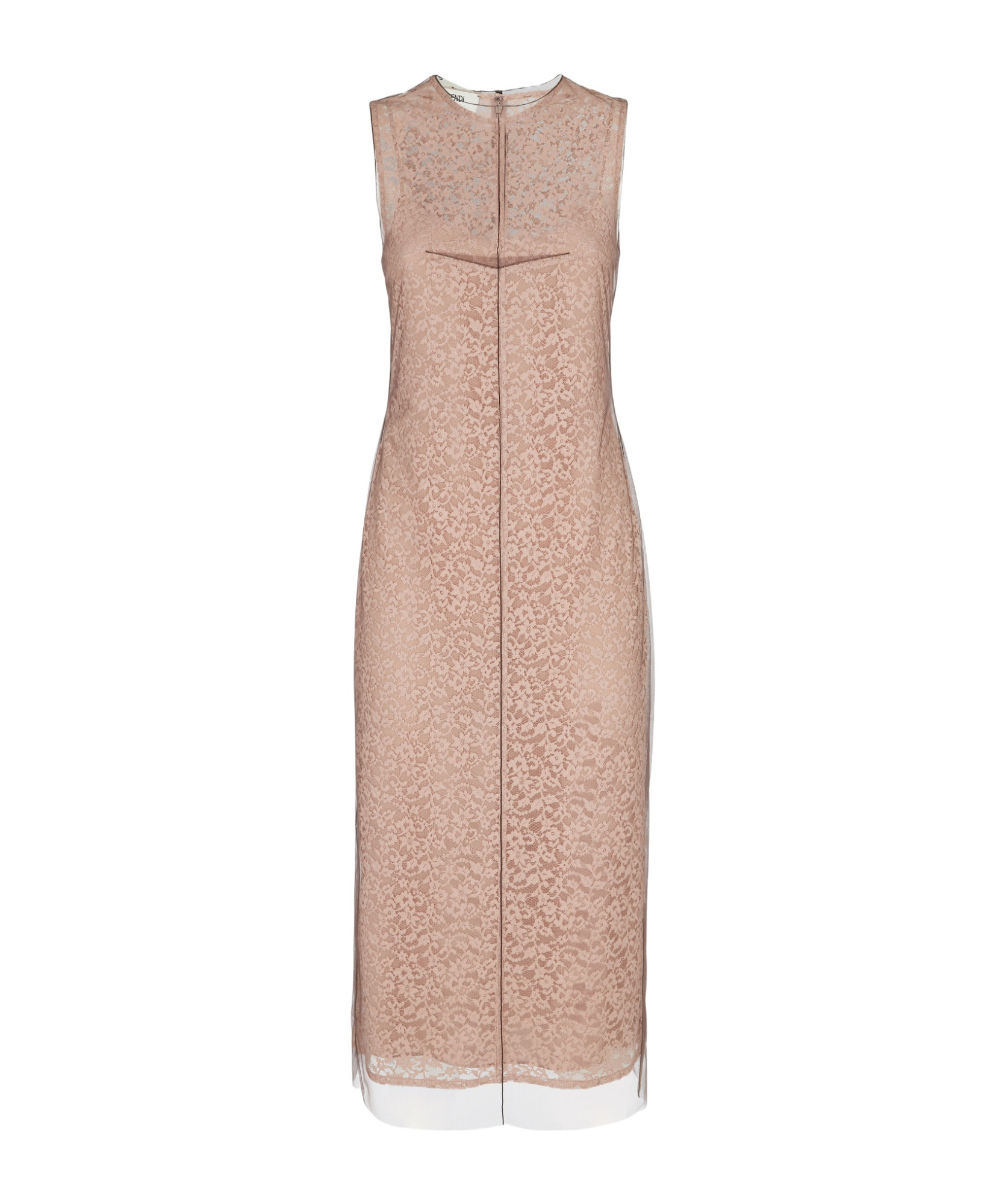 Fendi Women Beige Sleeveless Crewneck Dress With Floral Embroidery In Lace Woman In Nude