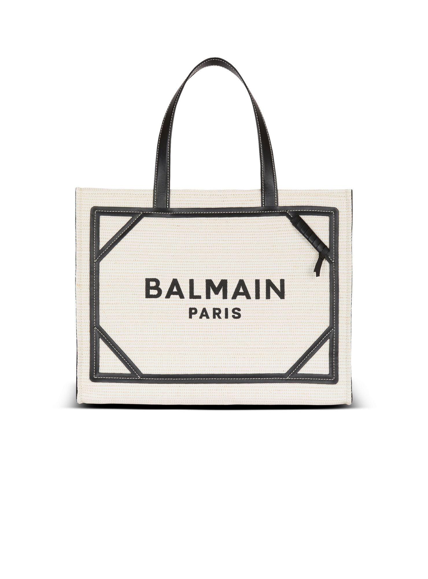Balmain B-army Medium Shopper Tote Bag In Raffia And Leather In White