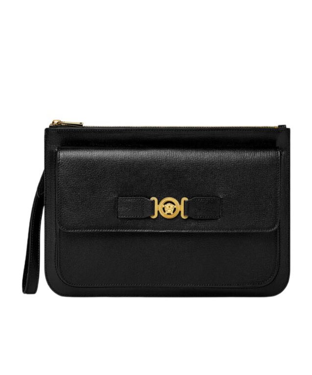 Versace Medusa Plaque Mini Leather Clutch Bag In Black