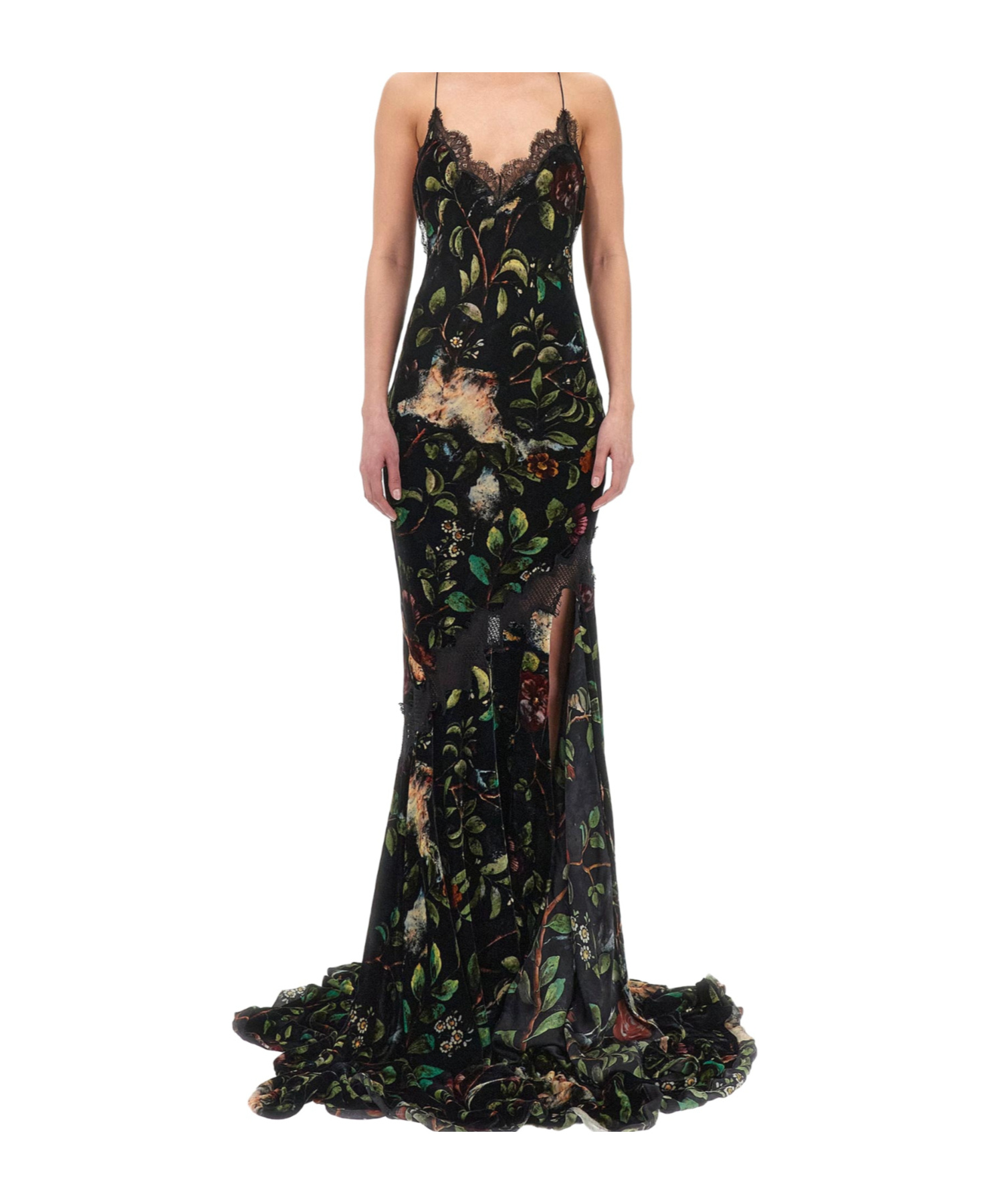 Roberto Cavalli Floral-print Gown In Black