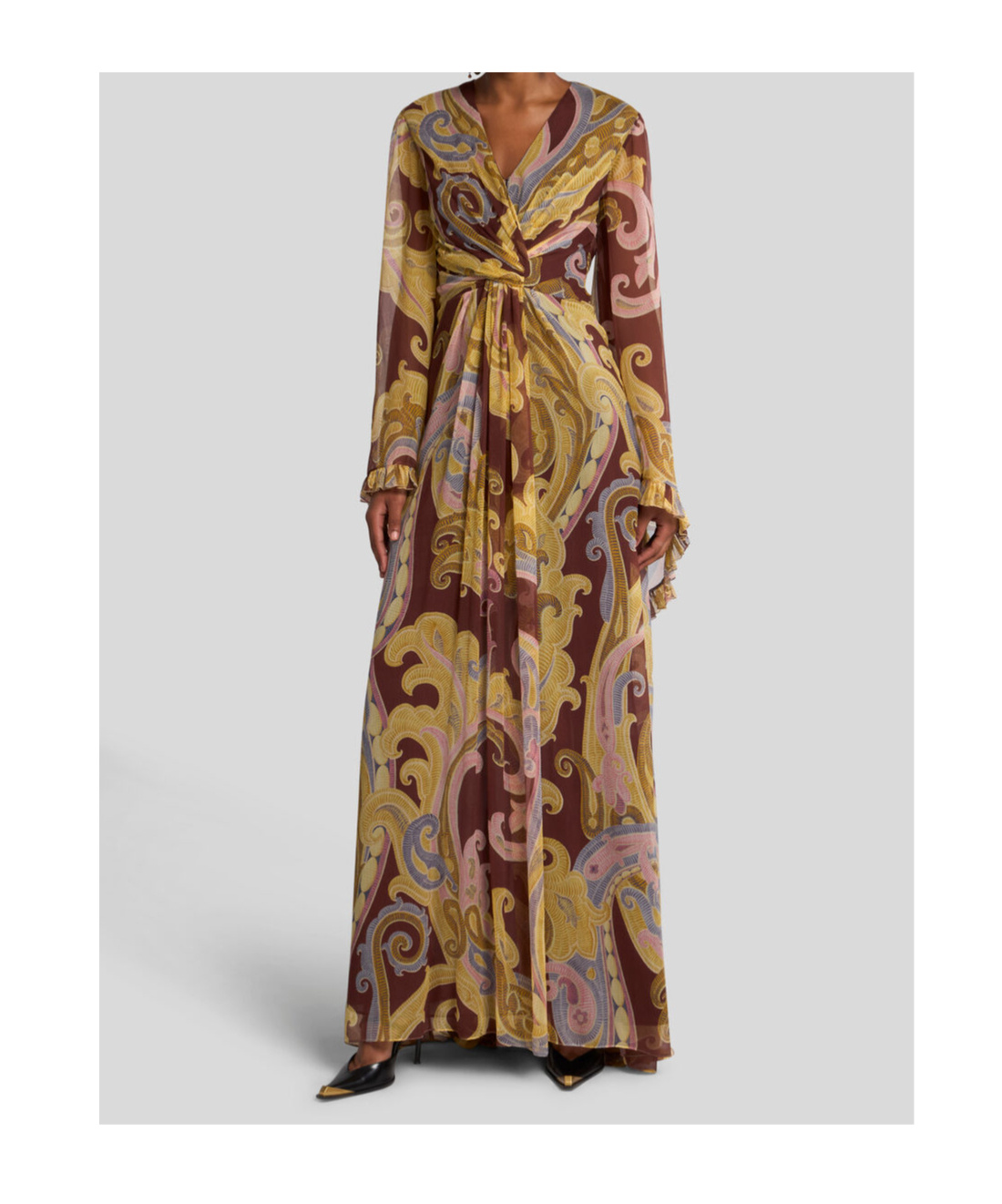 Etro Burgundy Printed Silk Long Dress In Brown