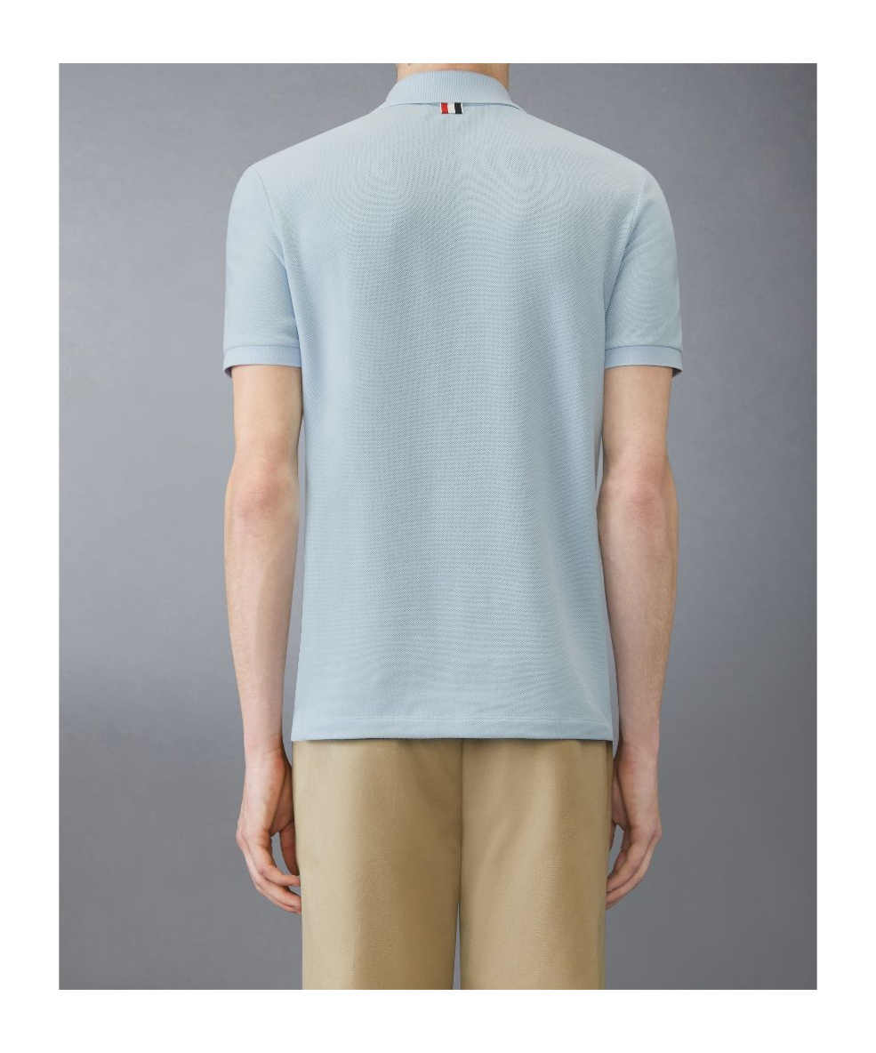 Thom Browne Light Blue Polo Shirt With Four Stripe Detail And Logo Patch On The Front In Cotton Man In Blue