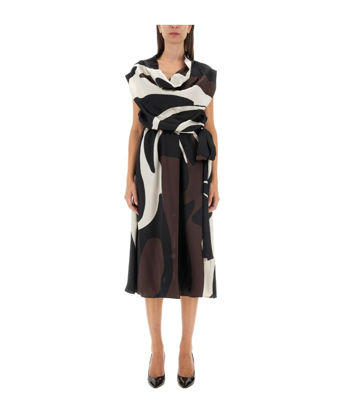 Kiton Cowl-neck Abstract Midi Dress In Brown