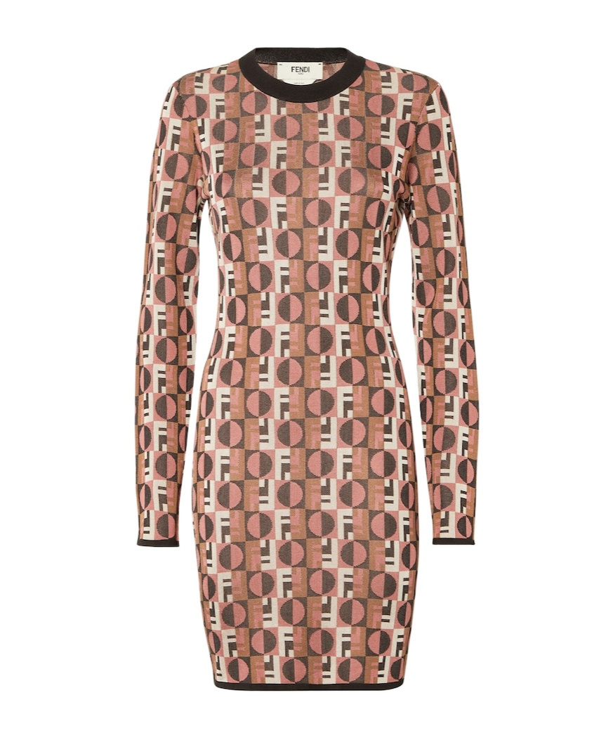Fendi Shiny Jacquard Viscose Mini Dress With Geometric Pattern In Brown