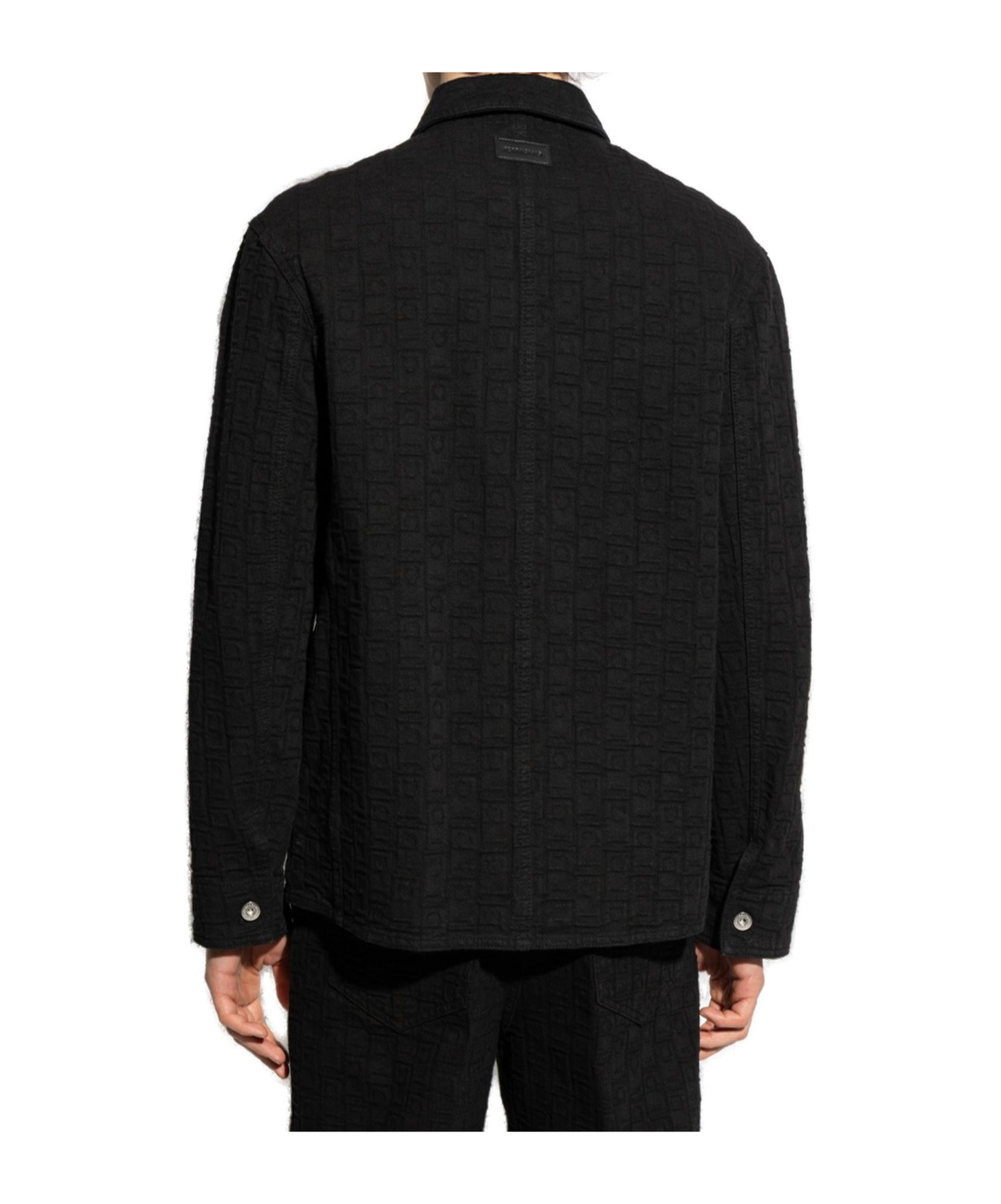 Ferragamo Denim Shirt With Chest Pocket And Textured Fabric In Black