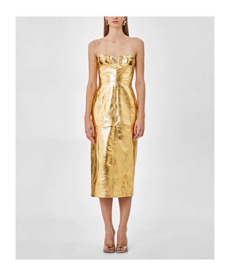 Blumarine Strapless Leather Midi Dress In Nude