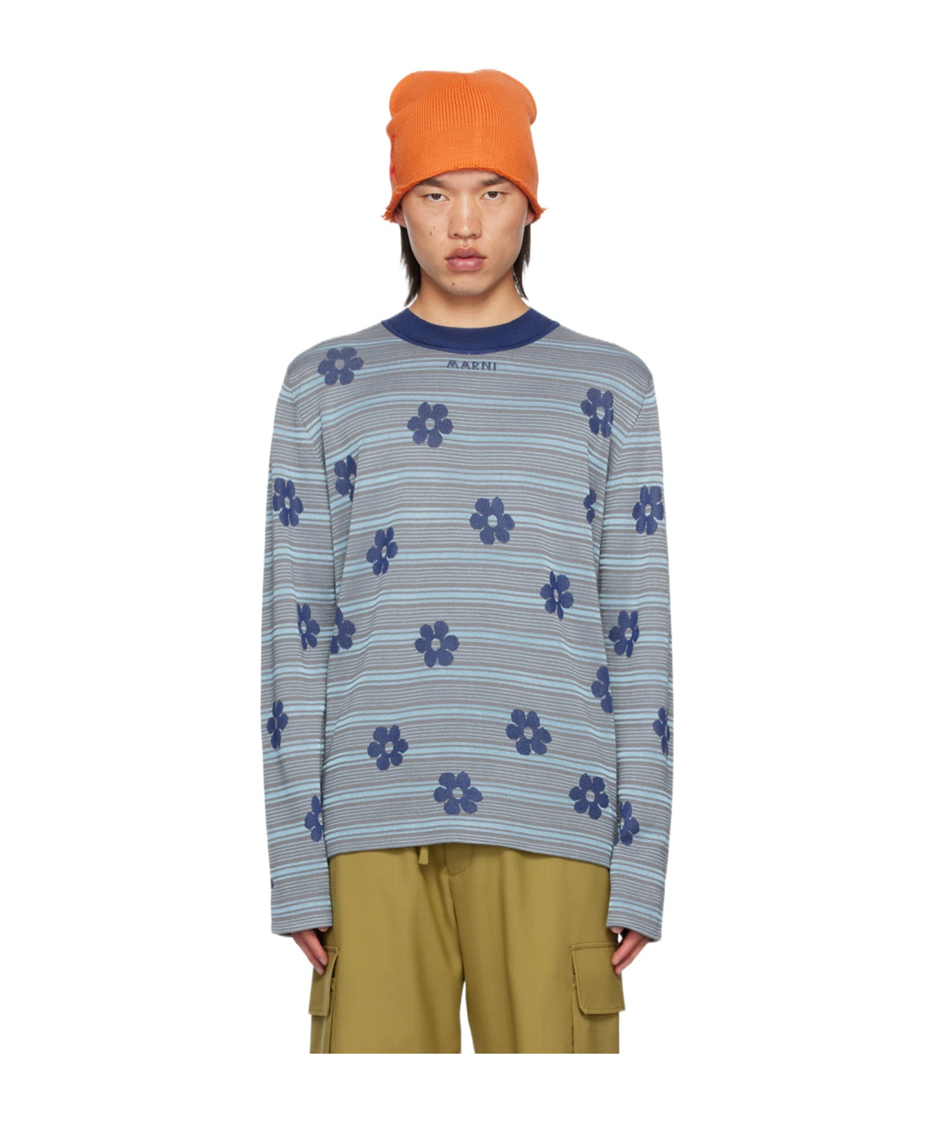 Shop Marni Logo-intarsia Striped Knit Top In Gray