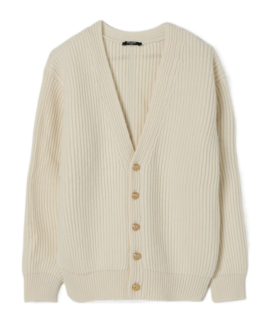 Balmain Long Sleeve Cardigan Sweater In Gold