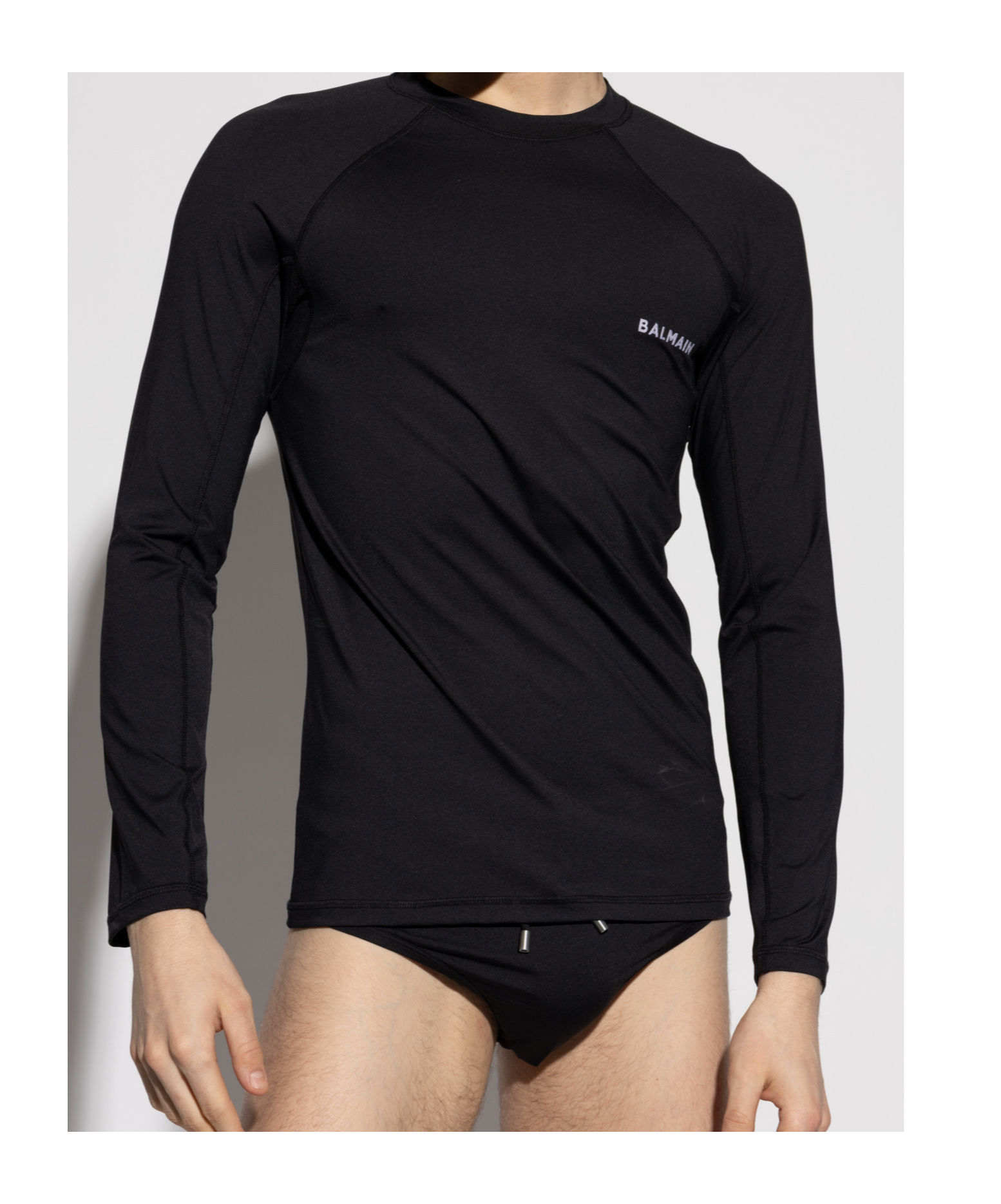 Balmain Round-collar Long-sleeve Swimsuit In Black
