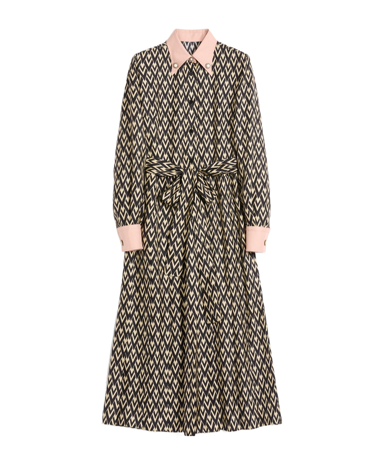 Valentino Embellished Belted Printed Silk-twill Midi Shirt Dress In Black