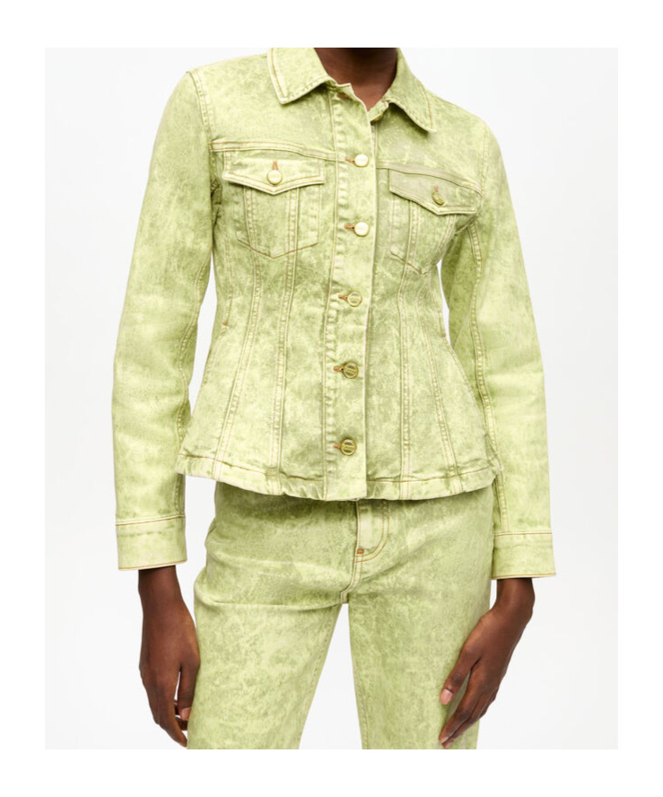 Ganni Yellow Foil Overdyed Denim Fitted Blazer In Green