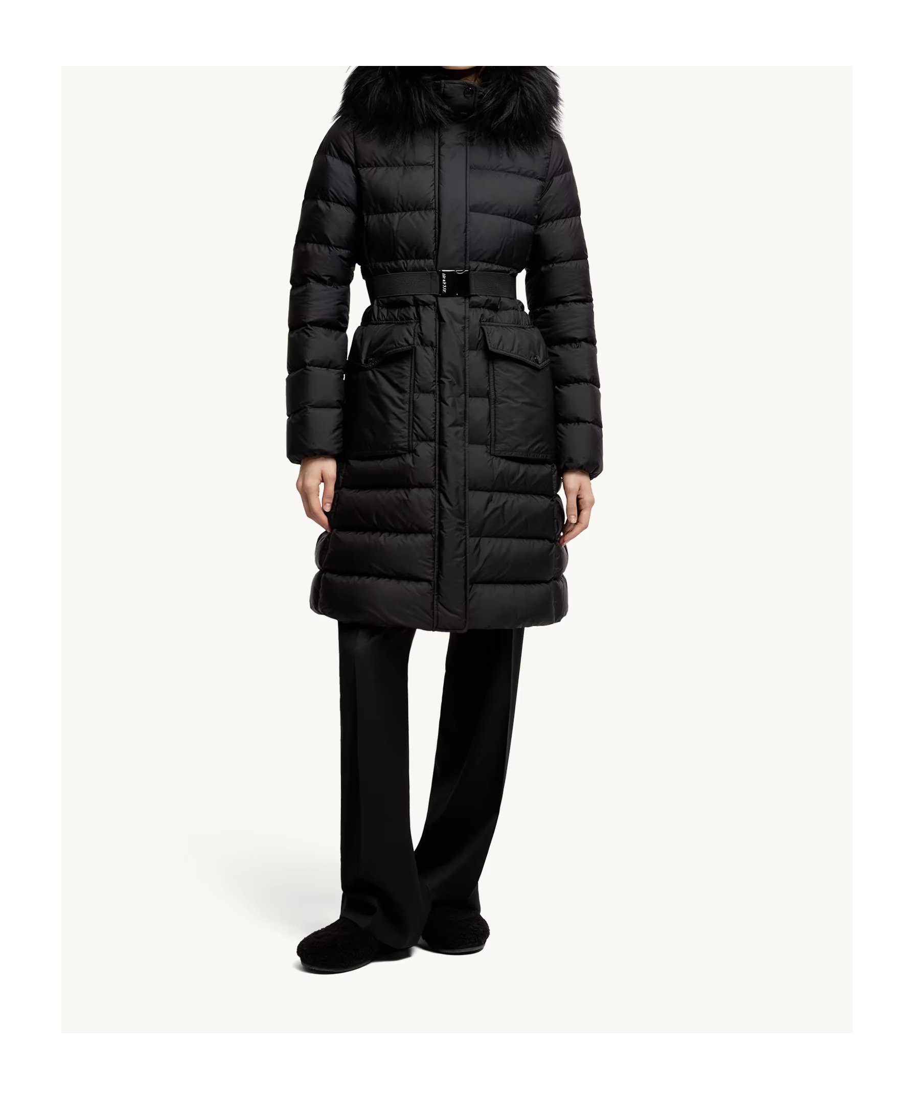 Moncler Khloesse Hooded Shearling-trimmed Long Down Jacket In Blue