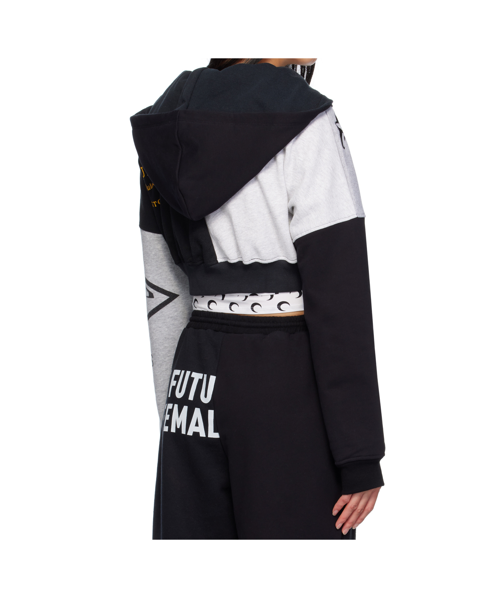 Marine Serre Black & Gray Upcycled Graphic Cropped Zipped Hoodie In Black