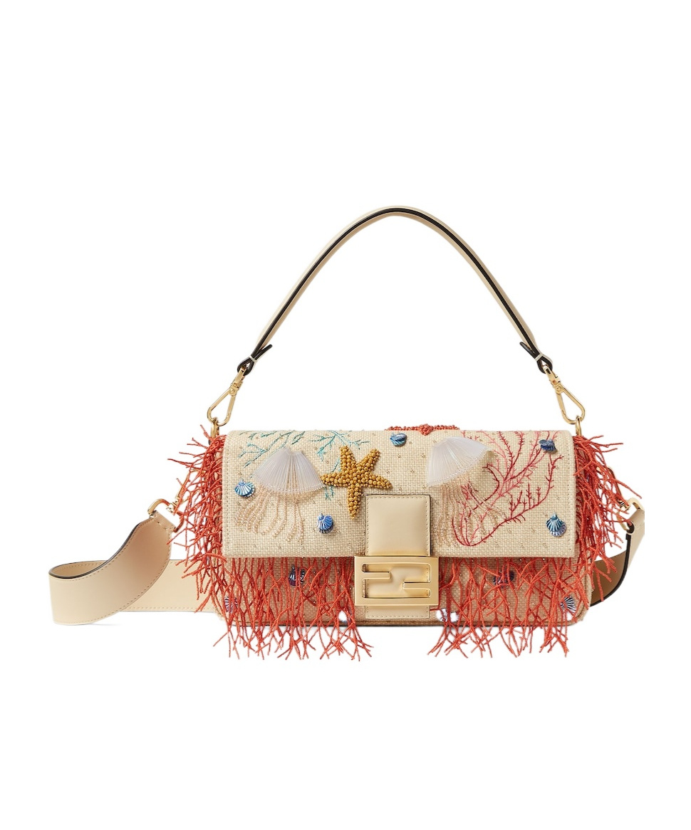 Fendi Woven Bag With Sea Garden Embroideries In Brown