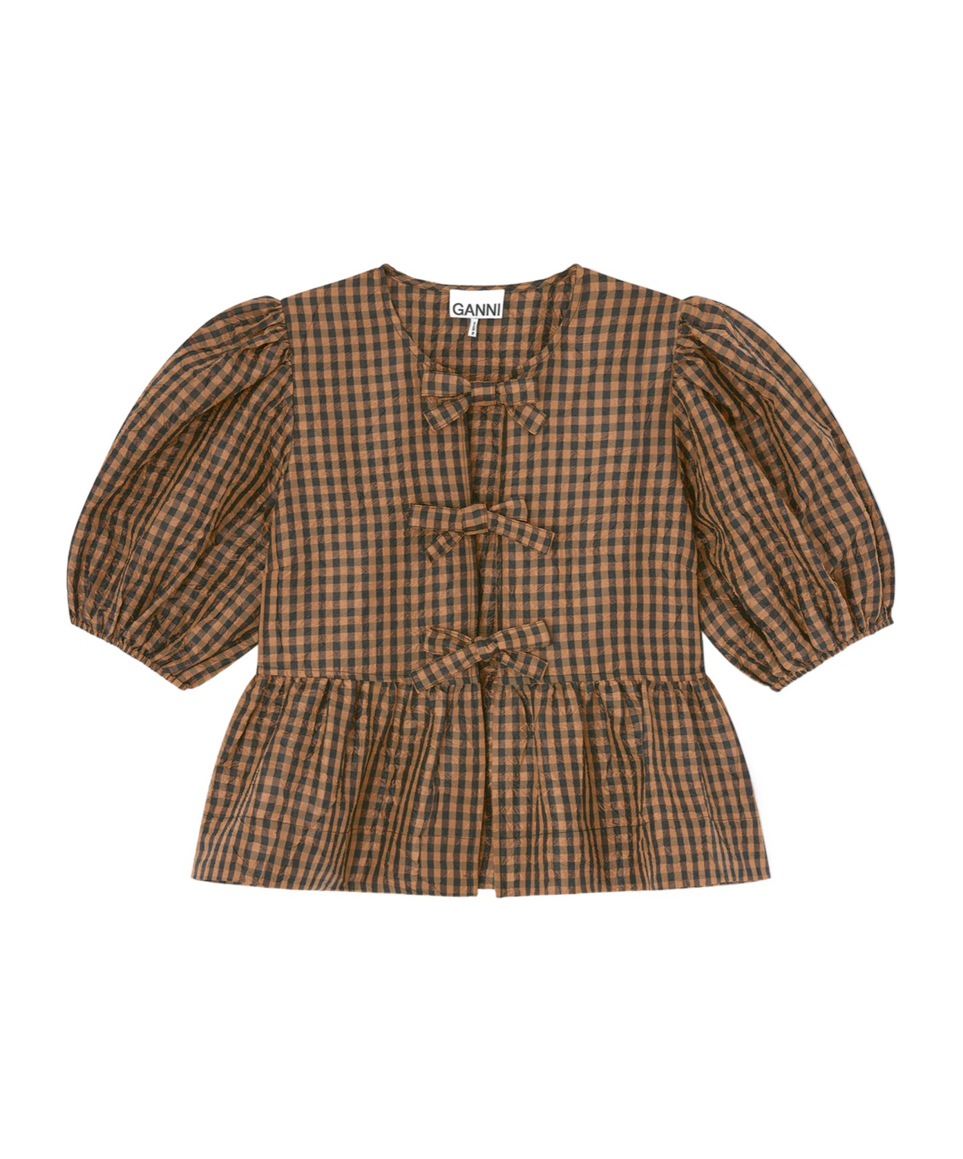 Ganni Crinkled Check Blouse In Brown