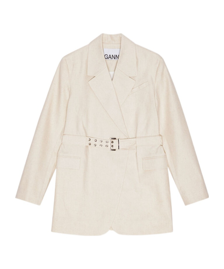 Ganni Womens Angora Tailoring Belted Cotton And Linen Blazer In White