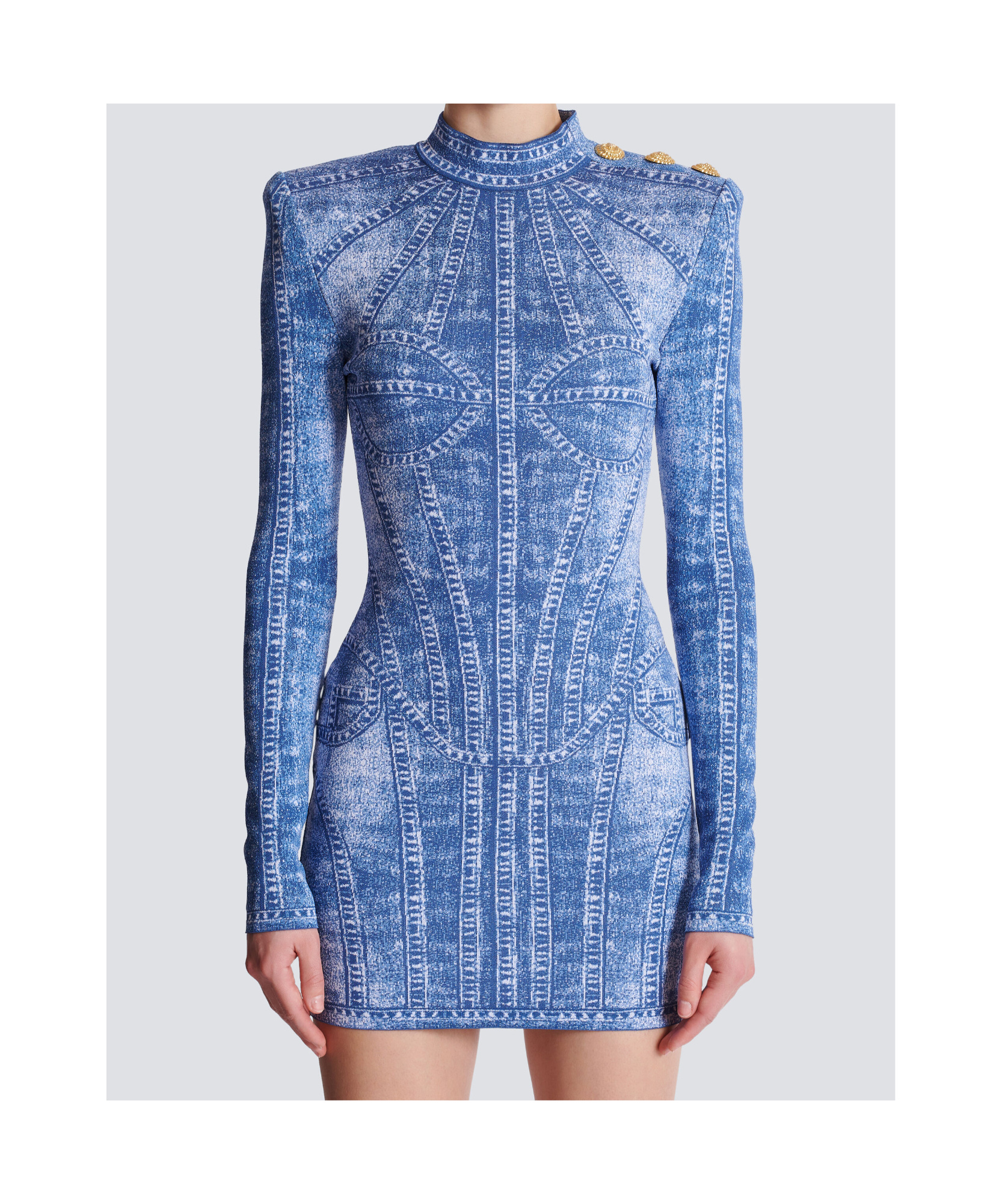 Shop Balmain Short Jacquard Knit Dress With Denim Effect In Blue