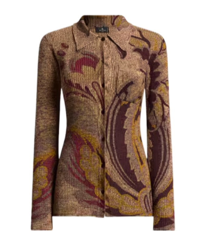 Etro Ribbed Wool Cardigan With Daffodil Motif In Brown