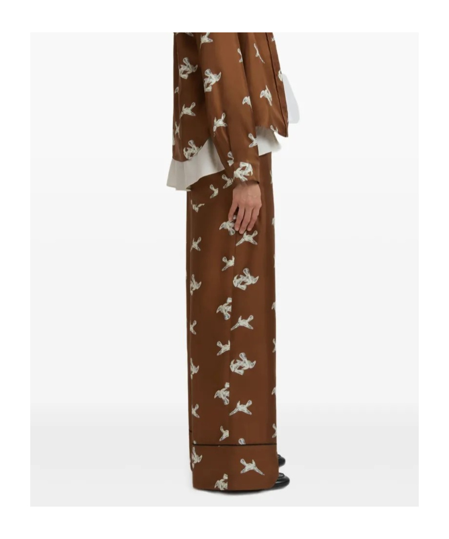 Marni Brown Silk Twill Trousers With Raven Print In Brown