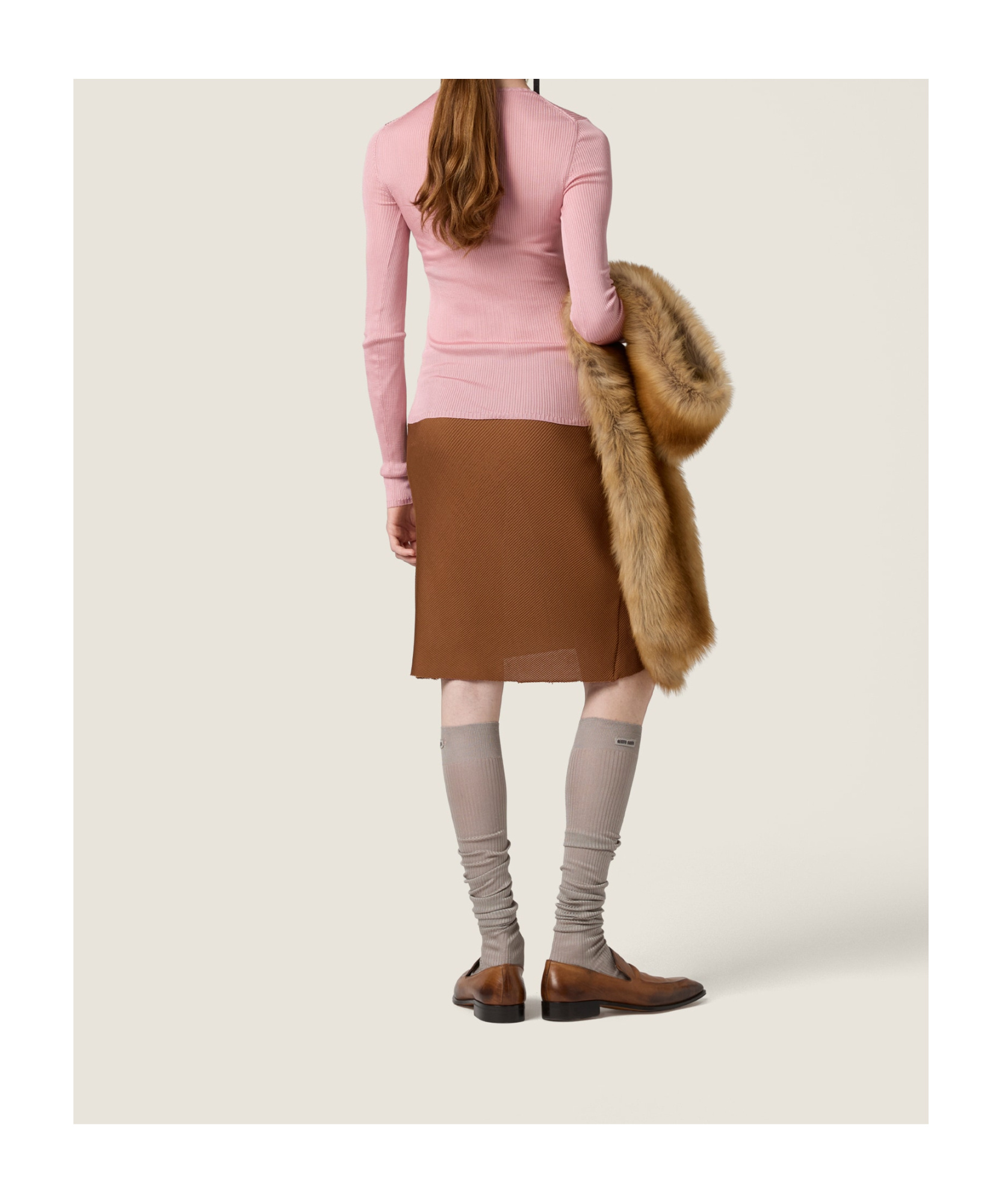Miu Miu Diagonal Rib Silk Skirt In Brown