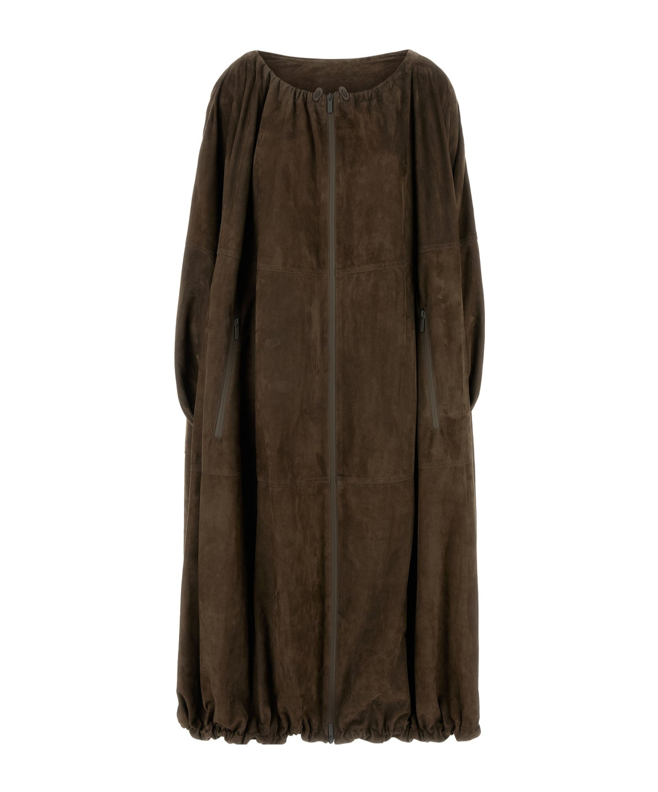 Ferragamo Suede Overcoat With Elastic Hem And Side Pockets In Brown