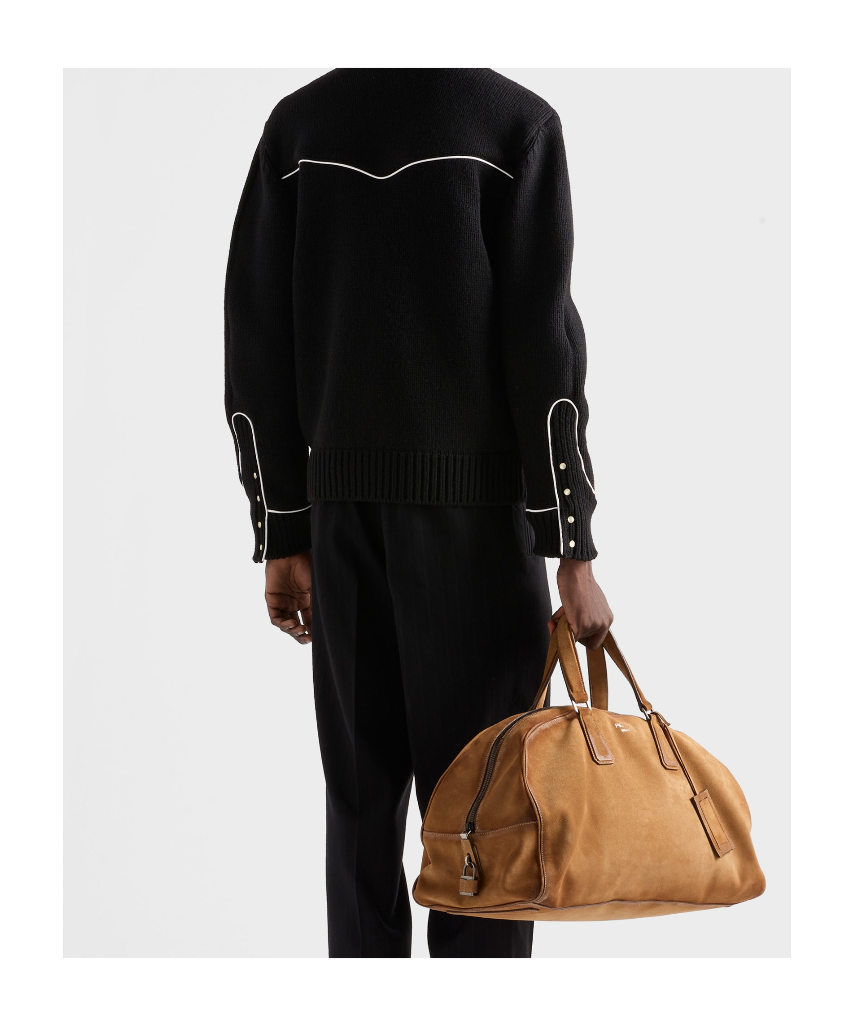 Prada Wool Crew Neck Sweater With Ribbed Cuffs In Black