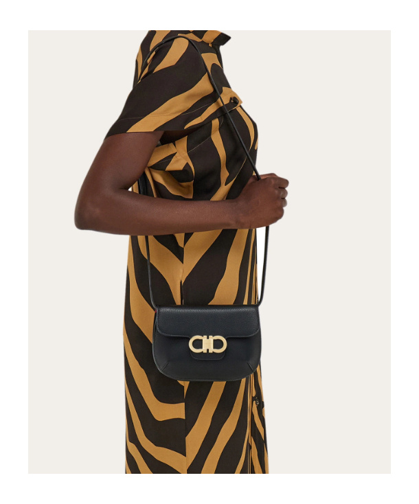 Ferragamo Double Gancini Mini Leather Shoulder Bag In Black