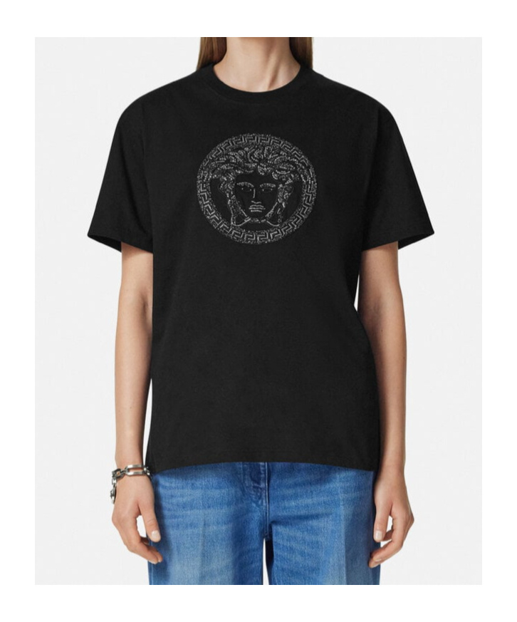 Versace Black Embellished Medusa T-shirt In Black