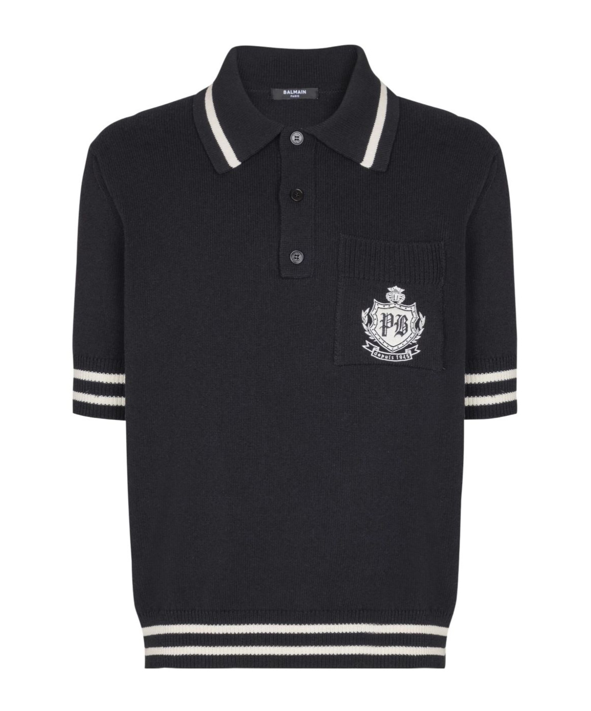 Balmain Striped Collar Short Sleeve Polo Shirt In Black