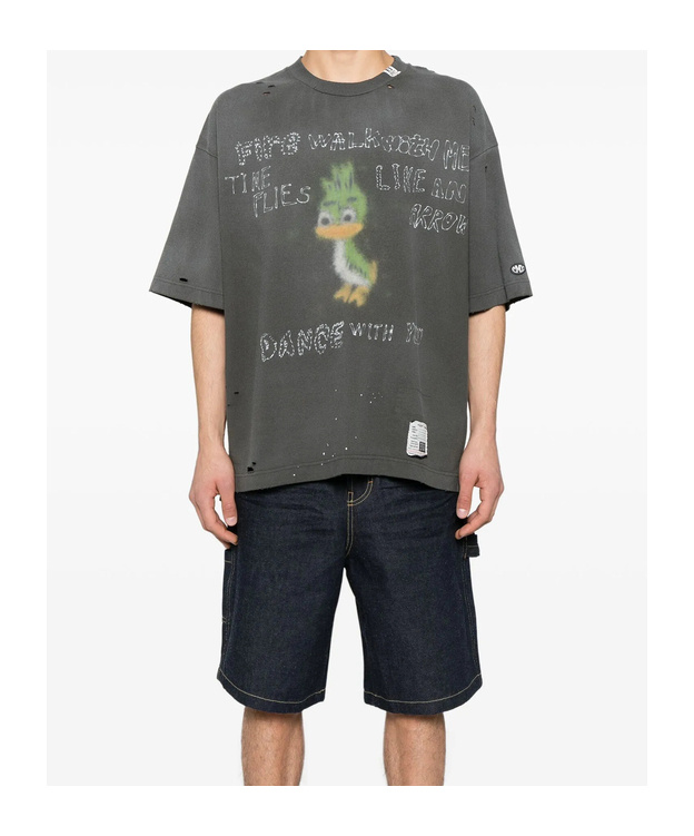 Miharayasuhiro Crew Neck Distressed Graphic Print T-shirt In Gray
