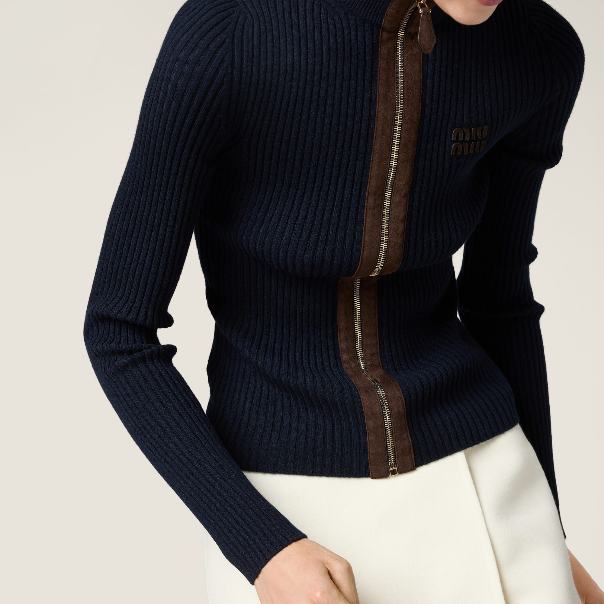 Miu Miu Cashmere And Leather Zipper Cardigan In Blue