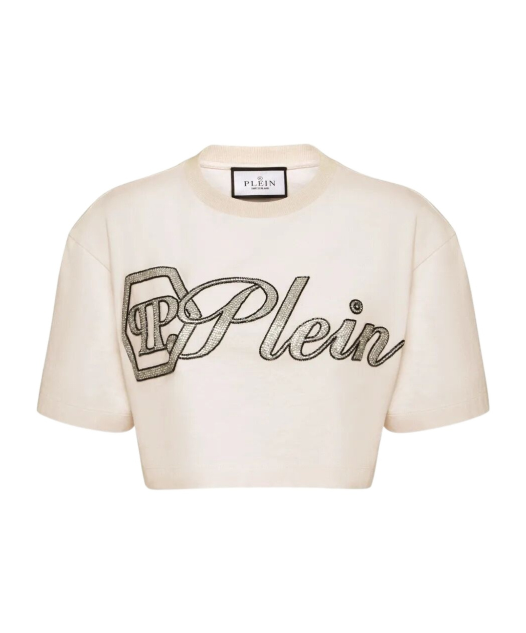 Philipp Plein Crystal Signature Cropped T-shirt In Neutral