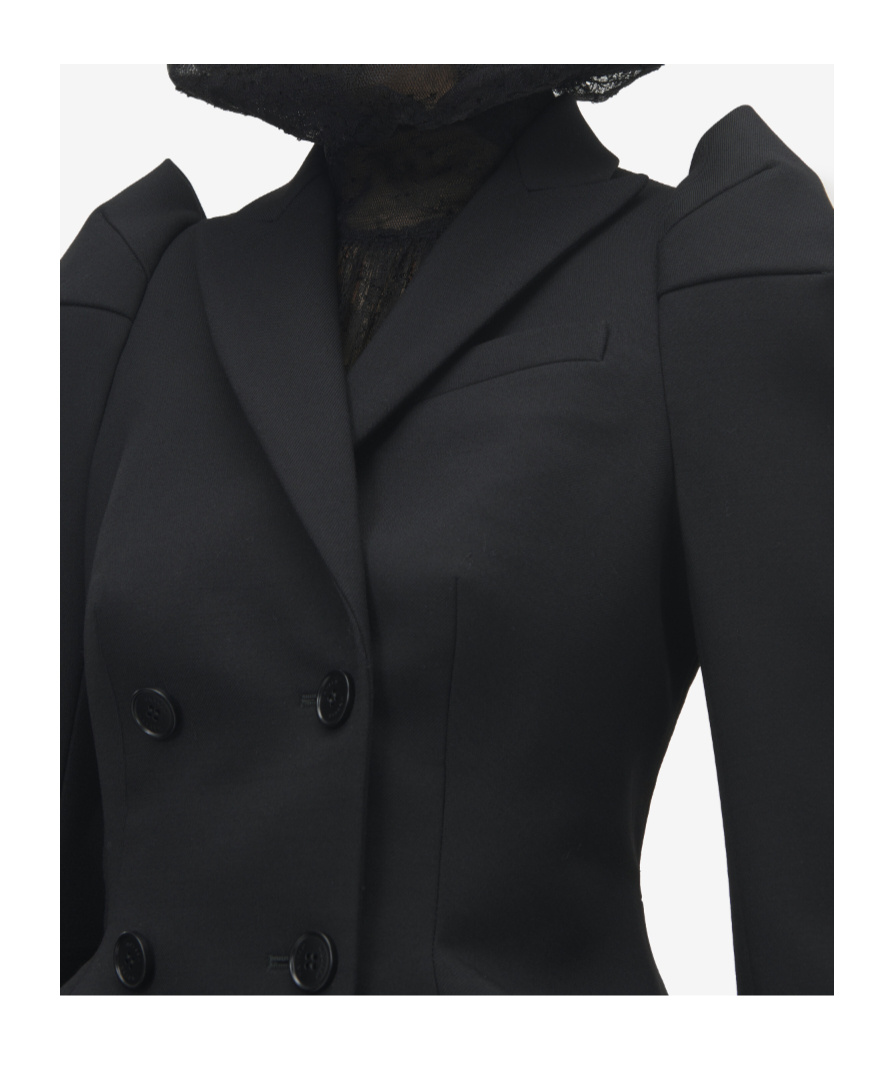 Alexander Mcqueen Mcqueen Pleated Puff Shoulder Stretch Wool Crop Jacket In Black
