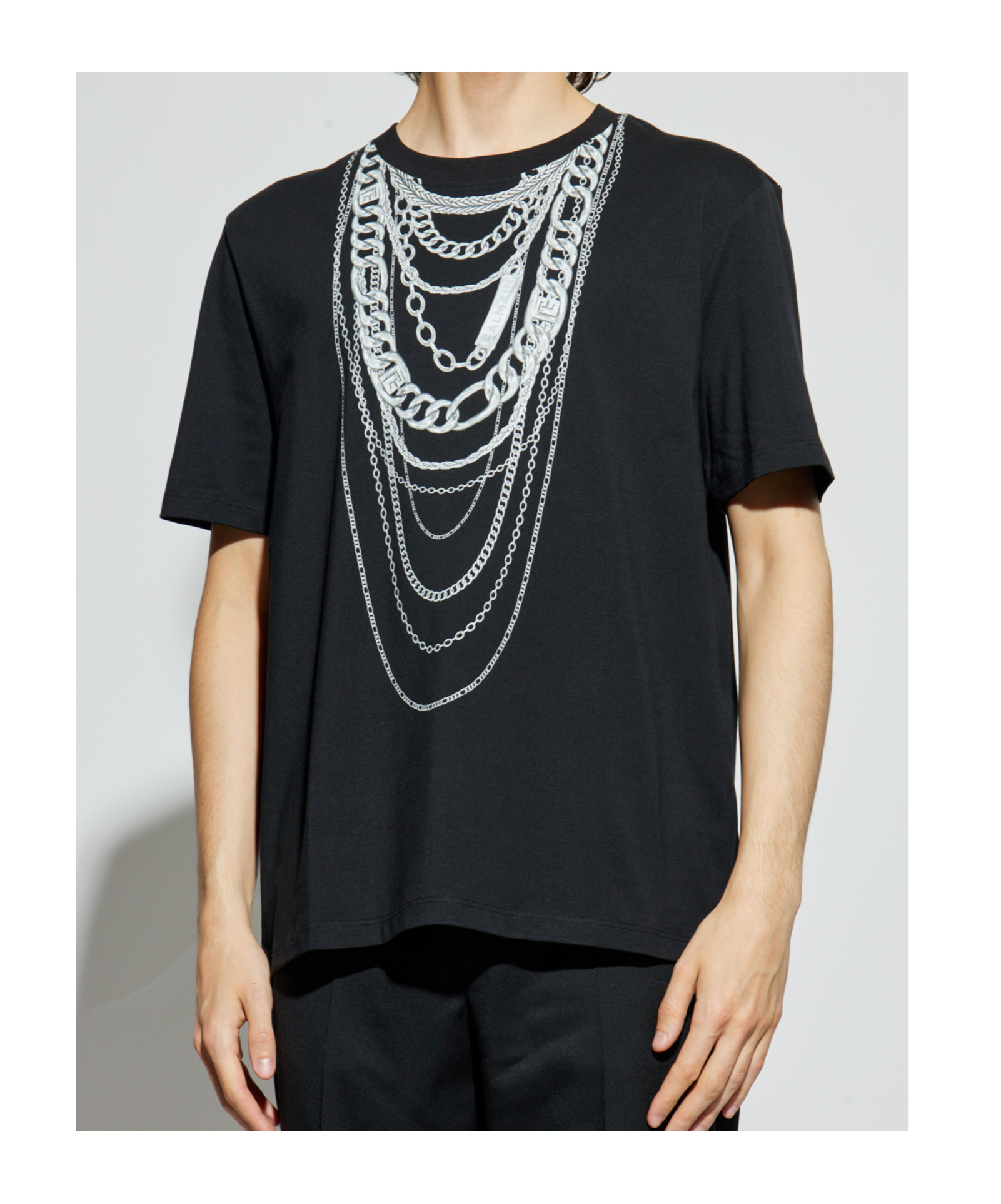 Balmain Graphic Chain Motif Black T-shirt With Short Sleeves In Black