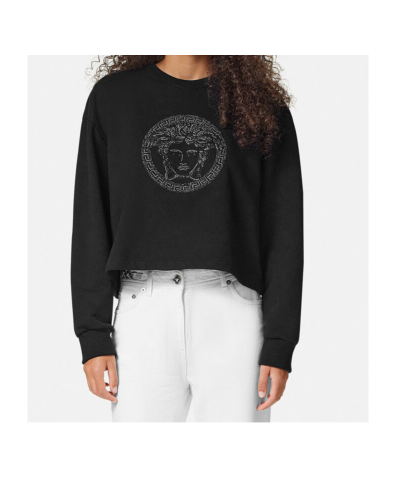 Versace Women's Sweatshirt Medusa With Crystal And Lurex Embroidery Yd Cotton Fleece In Black