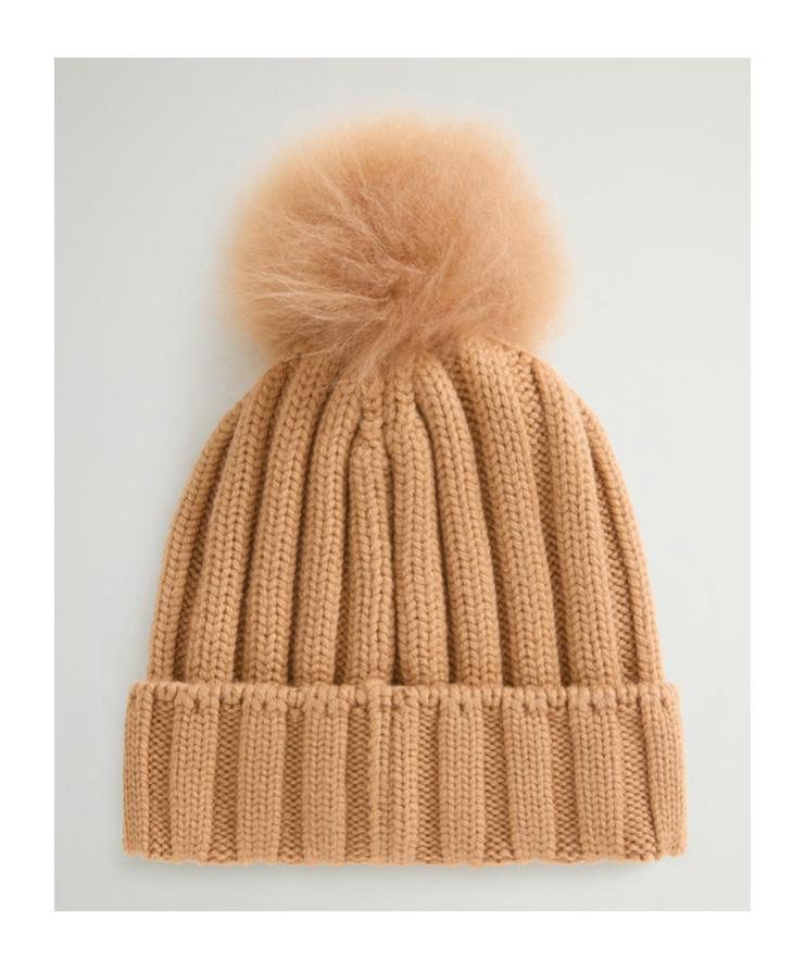 Woolrich Pompom Virgin Wool Beanie In Brown