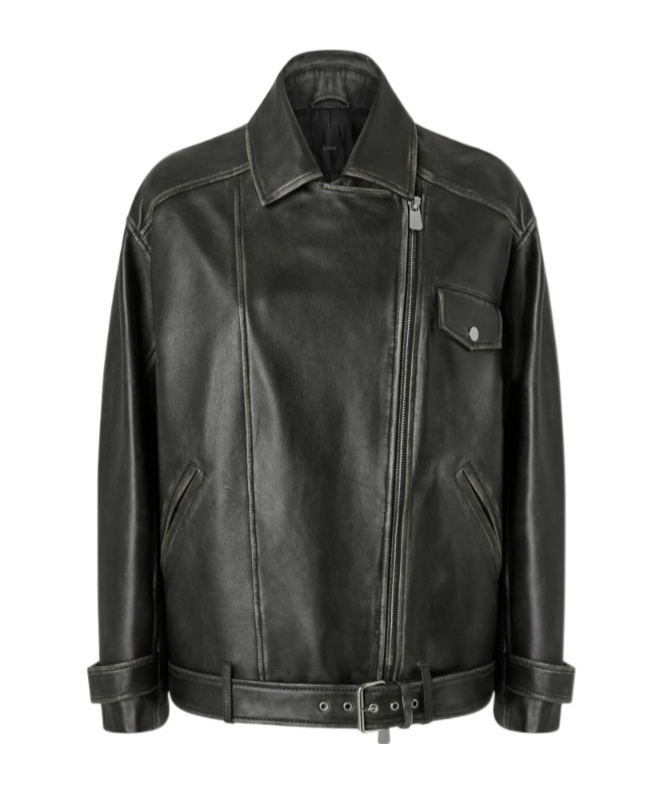 Pinko Leather Jacket With Belted Waist And Pockets In Black