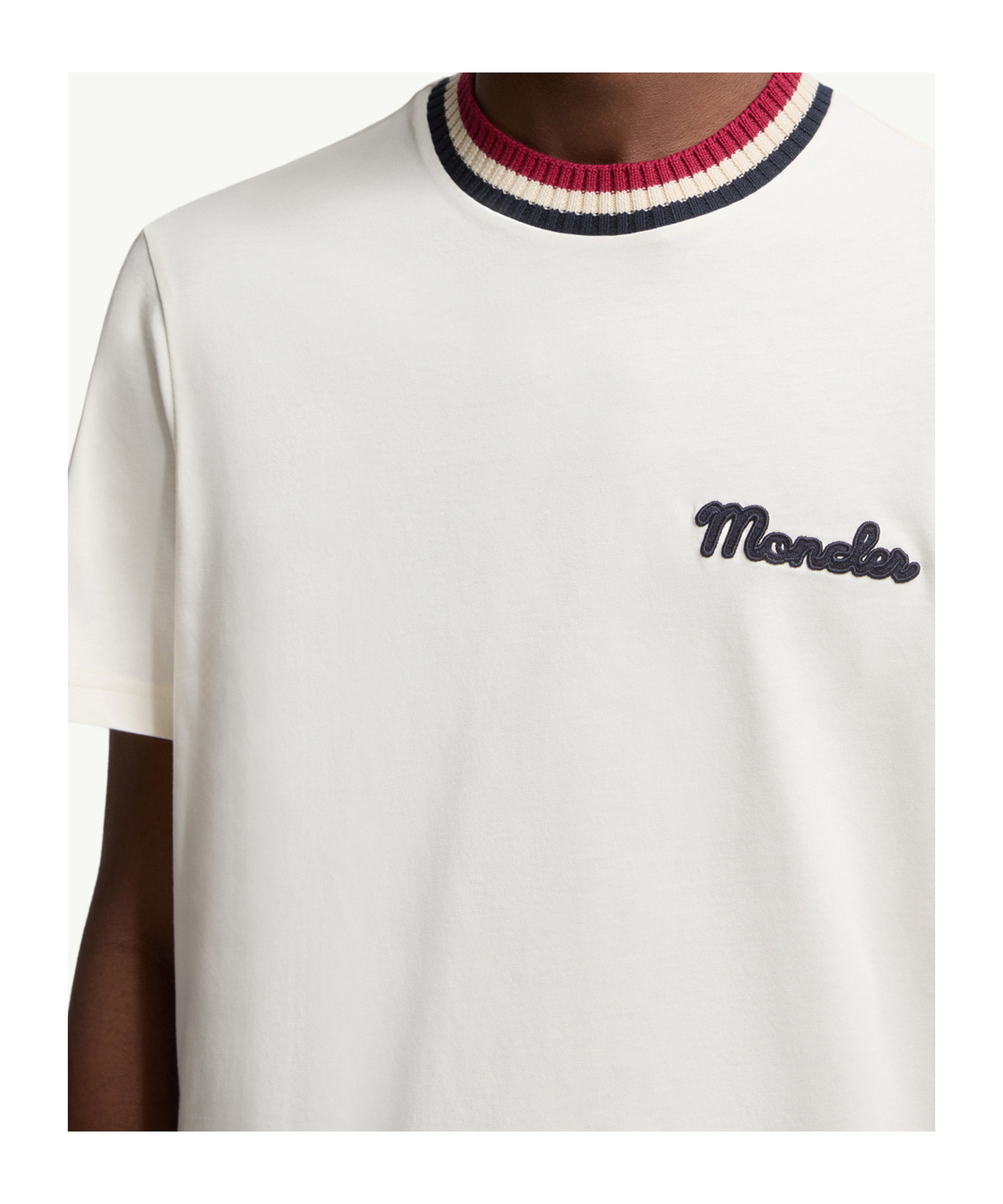 Moncler White Cotton T-shirt With A Contrasting Ribbed Striped Collar And Logo In White