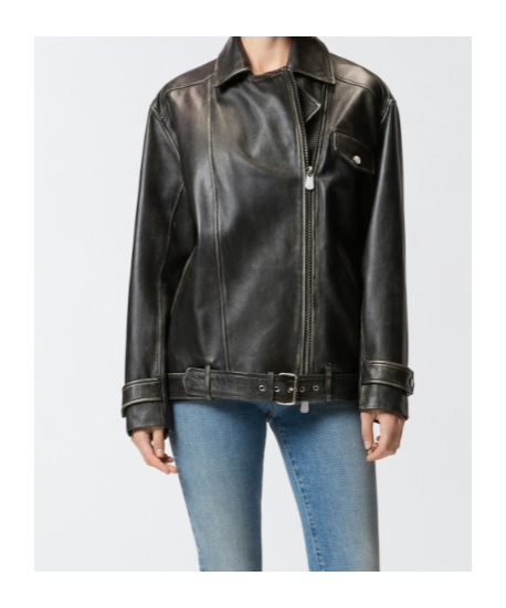Pinko Leather Jacket With Belted Waist And Pockets In Black