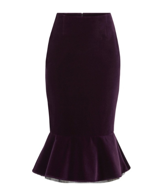 Nina Ricci Knee Length Velvet Skirt With Ruffled Hem In Purple