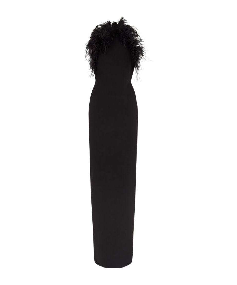 Attico Long Dress Cady Ostrich Feathers Detail In Brown