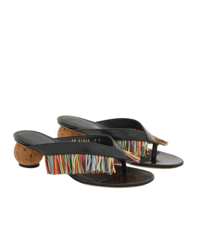 Ferragamo Fringed Thong Sandal In Black