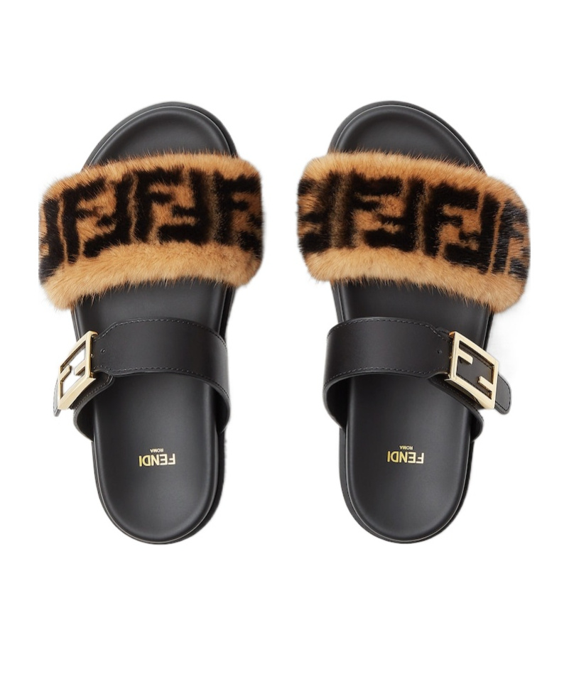 Fendi Black Leather And Mink Ff Slides In Black