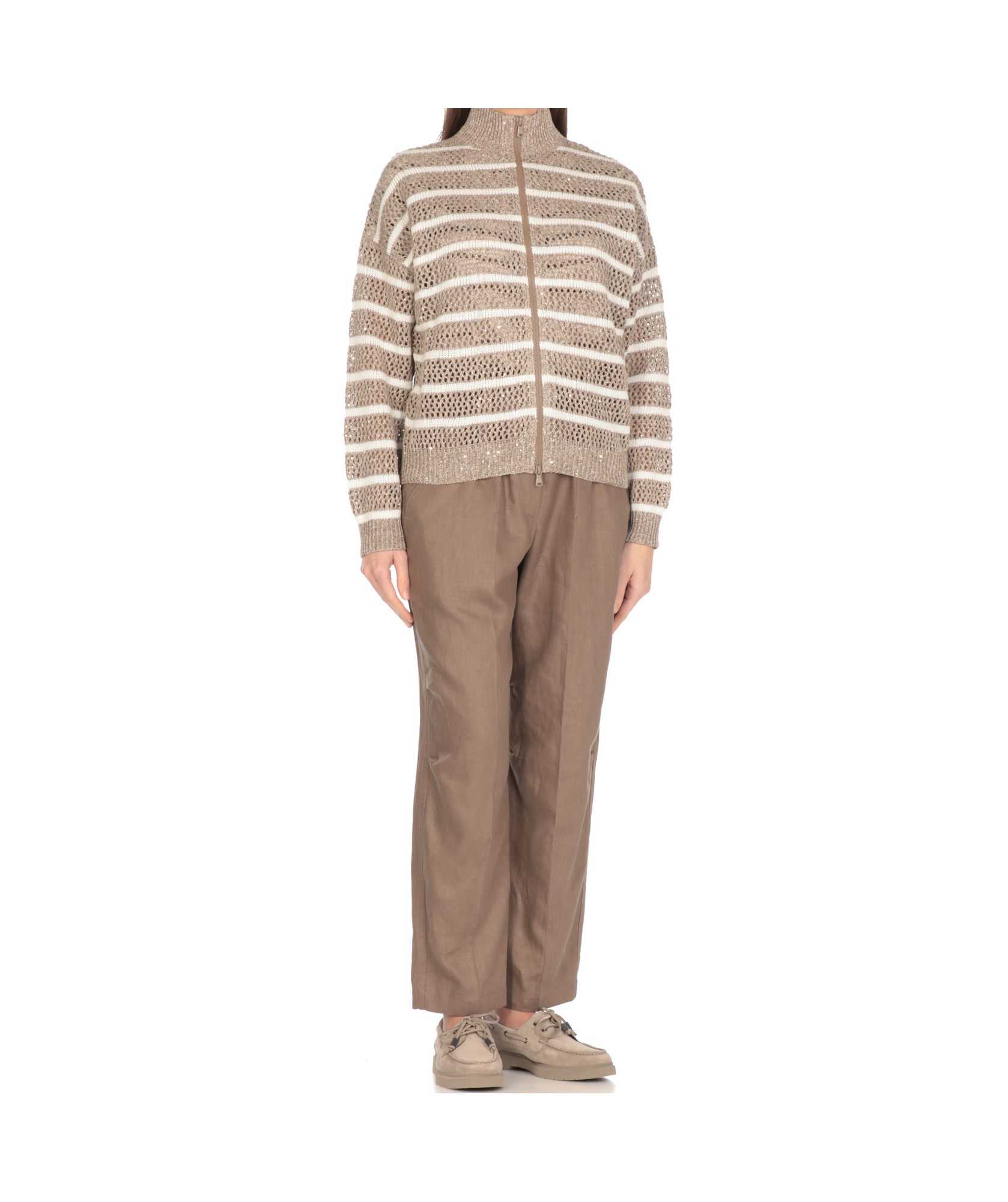 Brunello Cucinelli Beige Cardigan With High Neck And All-over Striped Motif In Linen Blend Woman In Nude