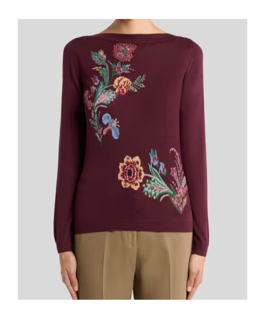 Etro Jacquard Floral-embroidered Sweater In Burgundy