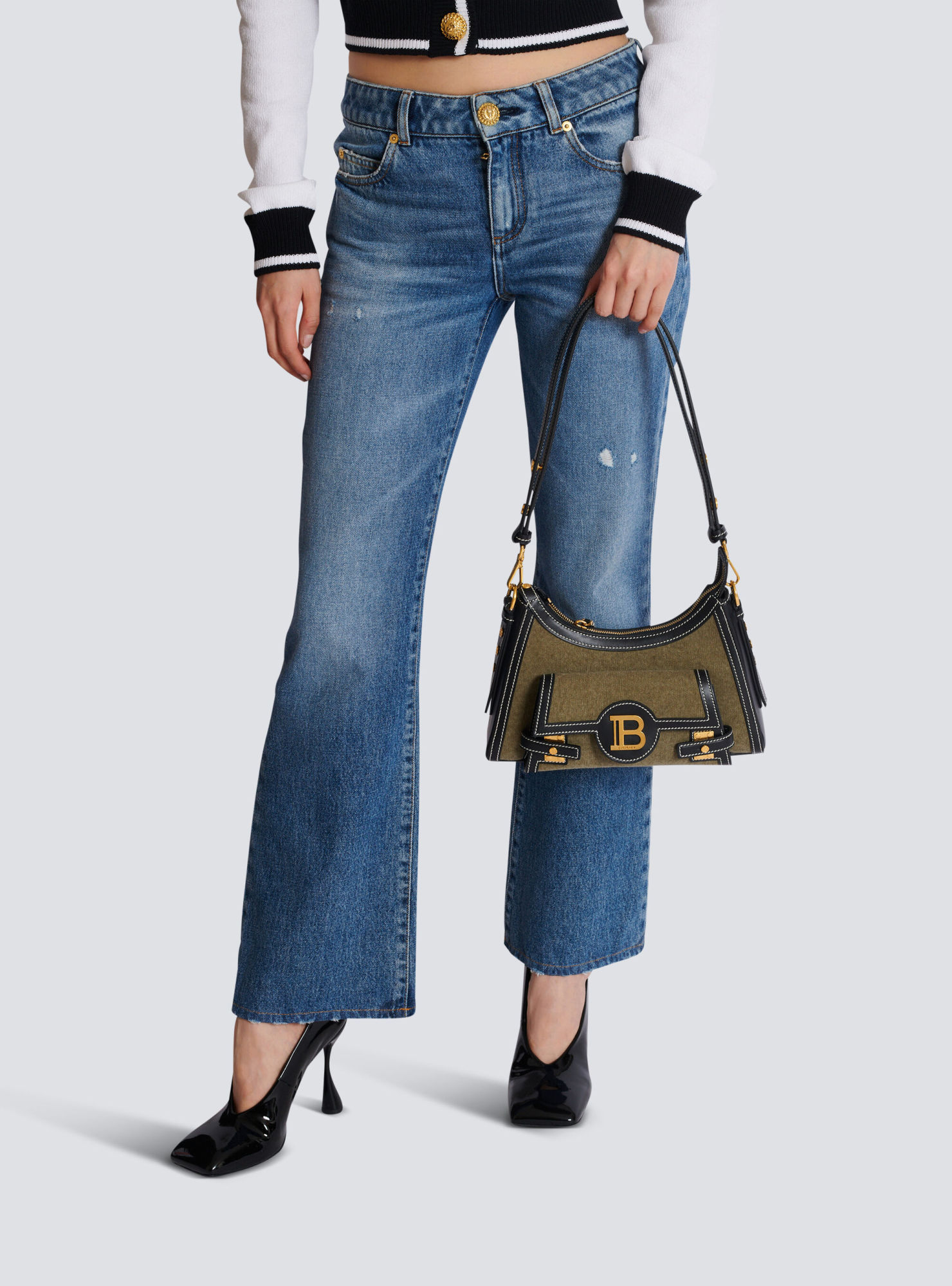 Shop Balmain B-buzz Hobo Bag In Leather And Canvas In Green