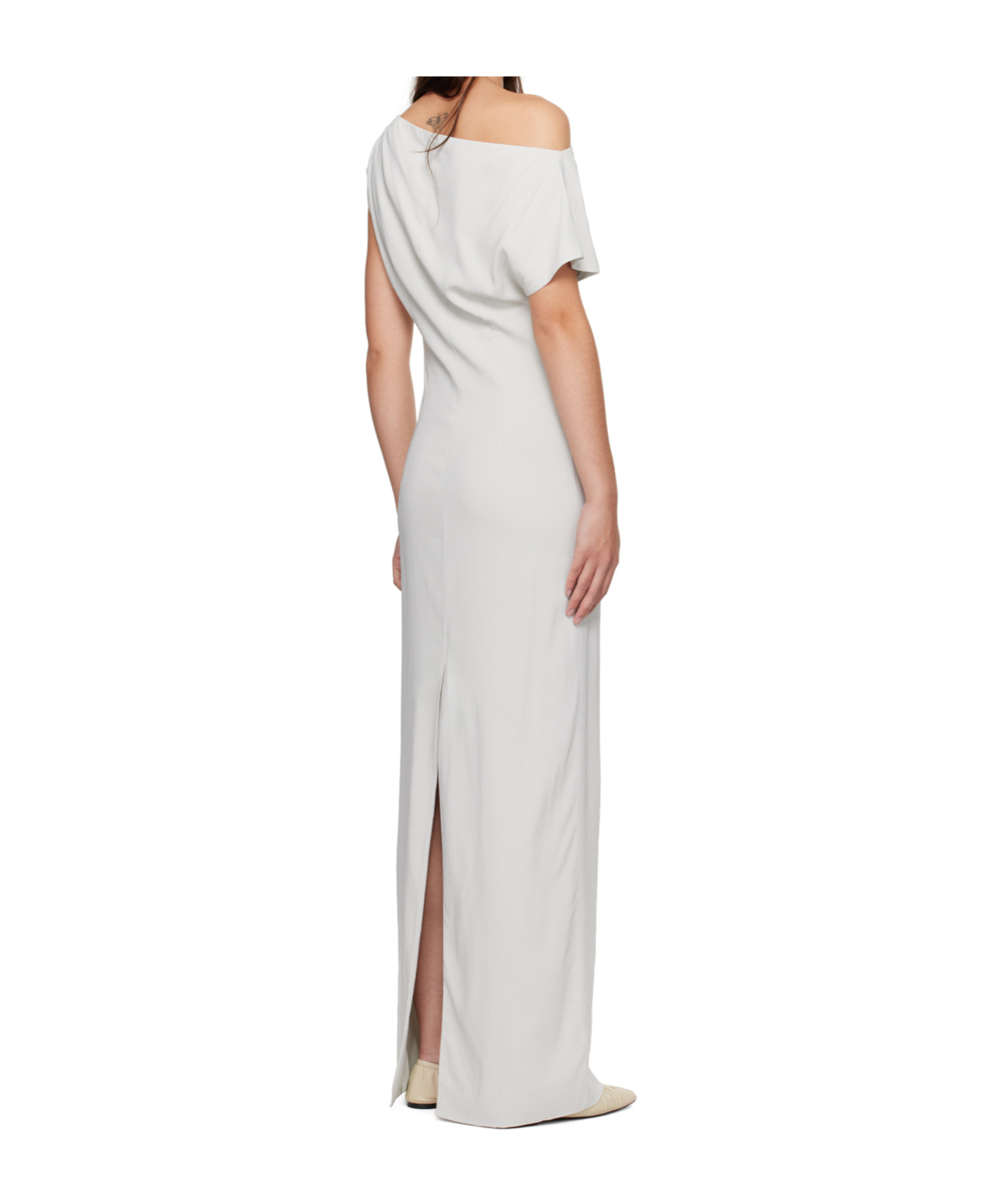 St Agni Gray Asymmetric Off Shoulder Midi Dress In White