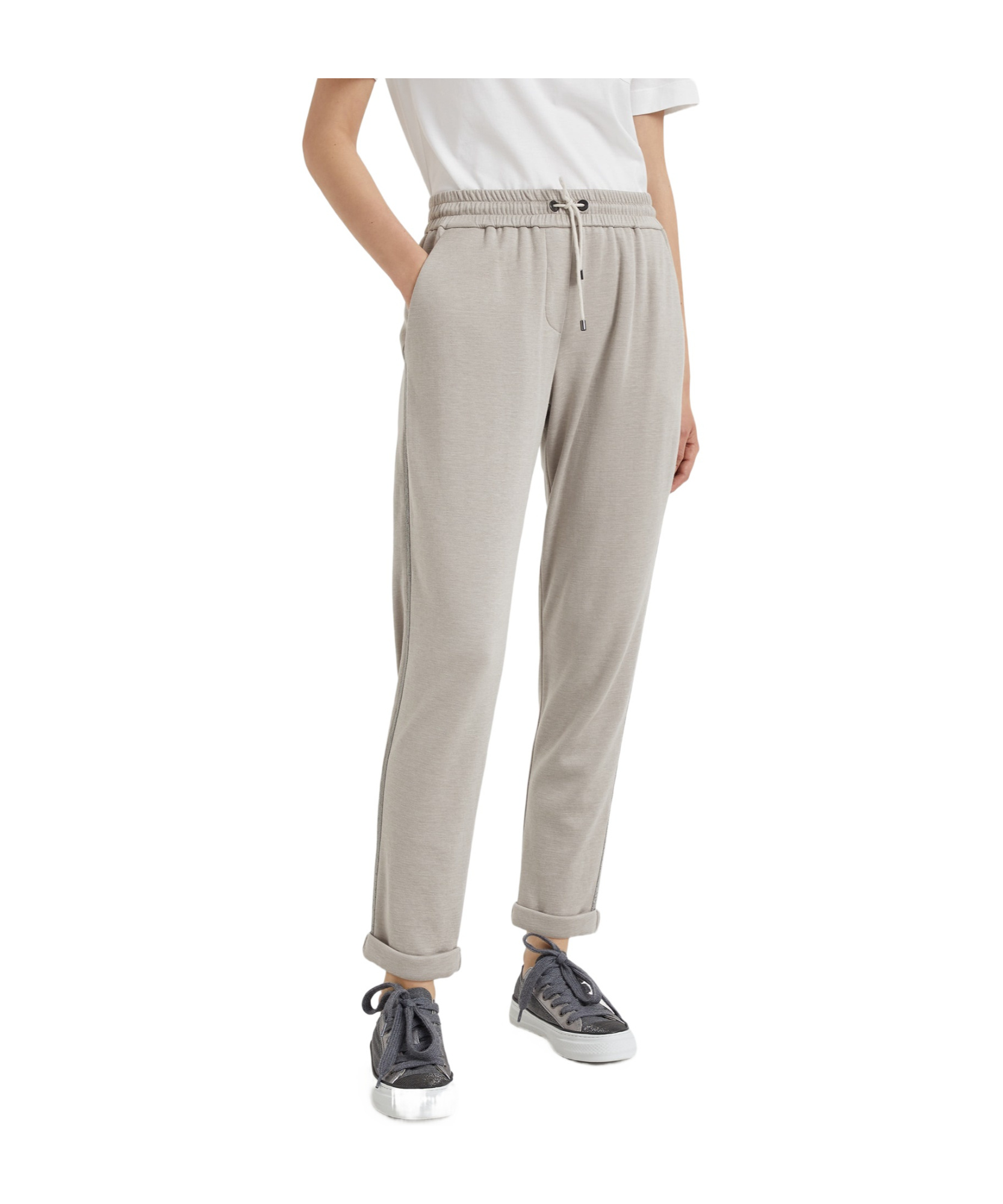 Brunello Cucinelli Precious Stripe Cotton-silk Trousers In Gray