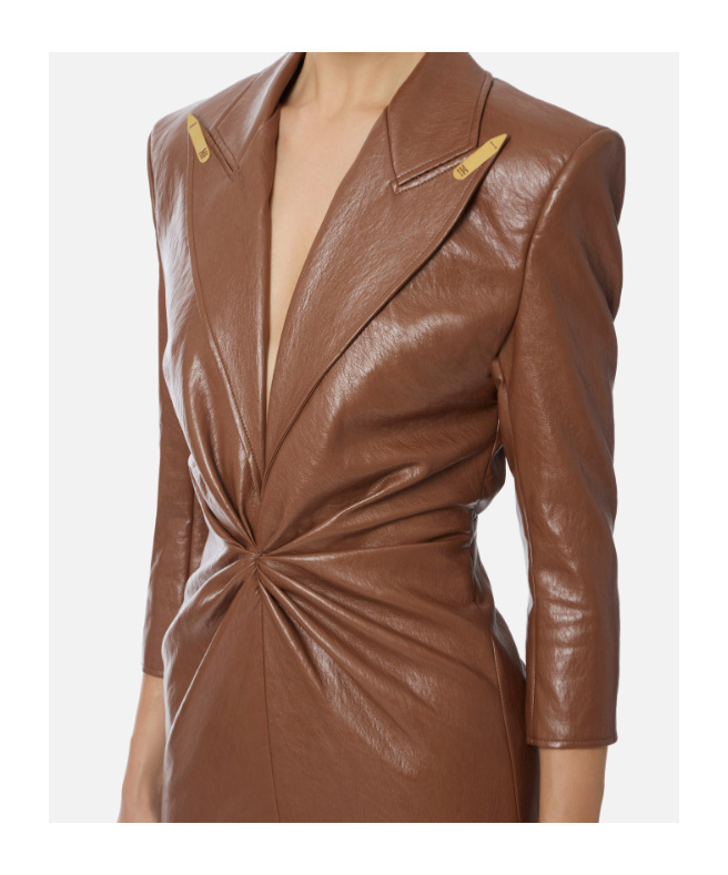 Elisabetta Franchi Crackled Leather-effect Dress With Lapels In Brown
